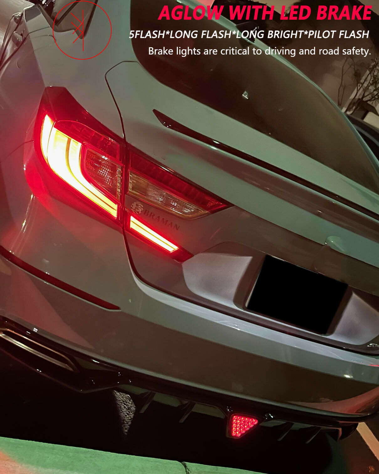 Fit for 18-21 Accord X CV1 CV2 Sedan(Sport&Touring),22 Hybrid Rear Deep Fin LED Brake Diffuser,High-gloss Blacked Out,T10 V2(Upgraded Harness Kit Included)