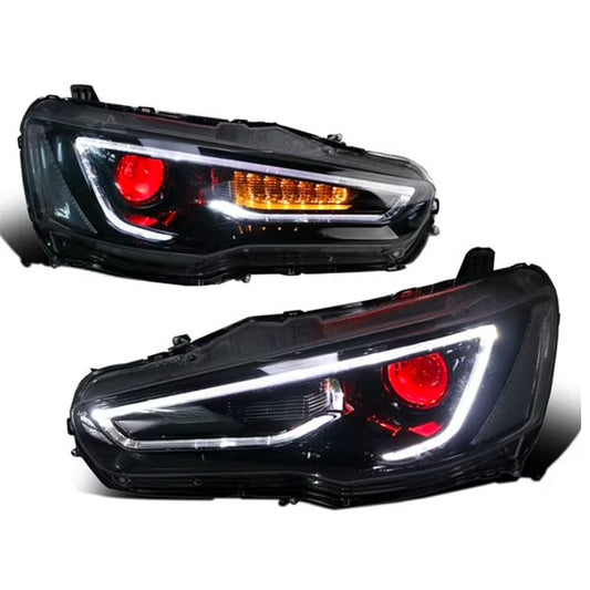 Fit for 08-17 Lancer/EVO X CJ CF Evolution Red Devil Eye Halo Projector LED Headlight A5 Style Blacked Out/Smoked