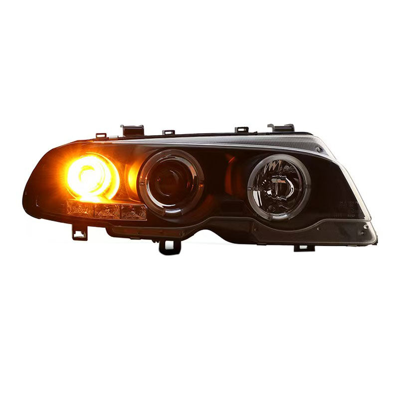 Fit for 02-05 BMW E46 3-Series 325i 330i 2DR Coupe Halo Projector LED DRL Hi-Lo Beam Headlights Lamp w/Halogen Turn Signal Inner Matte Black