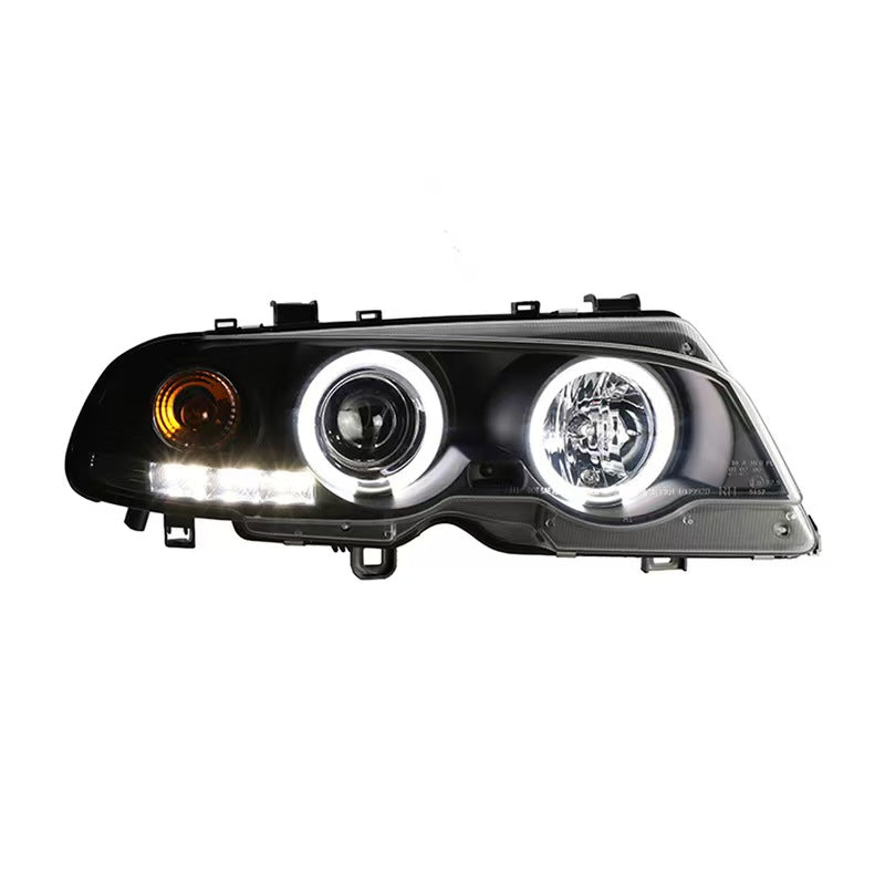 Fit for 02-05 BMW E46 3-Series 325i 330i 2DR Coupe Halo Projector LED DRL Hi-Lo Beam Headlights Lamp w/Halogen Turn Signal Inner Matte Black