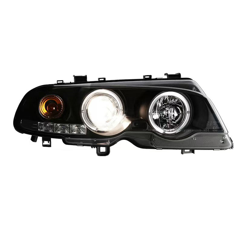 Fit for 02-05 BMW E46 3-Series 325i 330i 2DR Coupe Halo Projector LED DRL Hi-Lo Beam Headlights Lamp w/Halogen Turn Signal Inner Matte Black