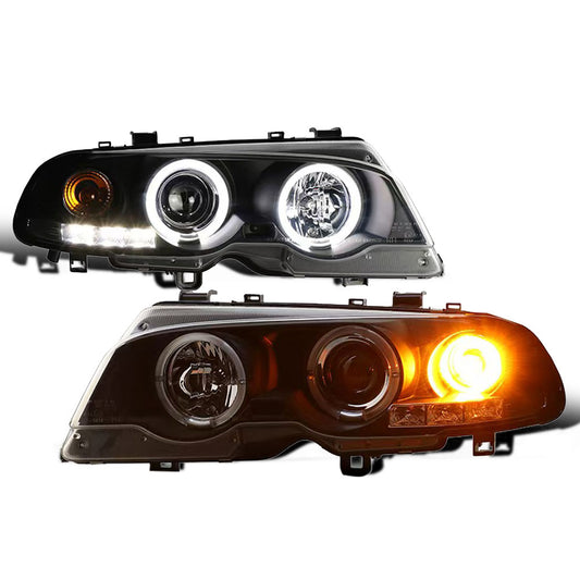 Fit for 02-05 BMW E46 3-Series 325i 330i 2DR Coupe Halo Projector LED DRL Hi-Lo Beam Headlights Lamp w/Halogen Turn Signal Inner Matte Black
