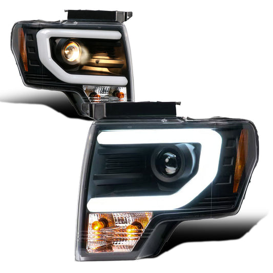 Fit for 09-14 F-150 Pickup Truck Projector White U Shape LED DRL  Headlights Lamp w/Halogen Turn Signal Inner Matte Black