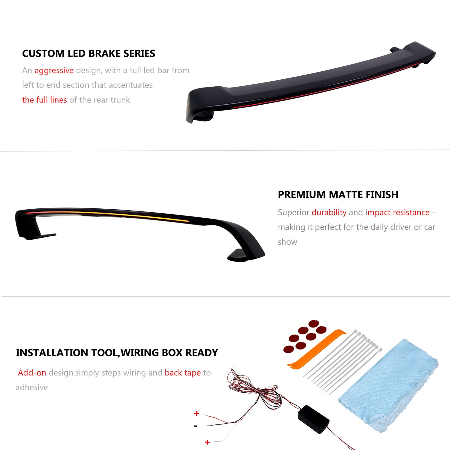 Fit for 08-17 Lancer EVO X CZ4A Rear Trunk Wing Spoiler Matte Black[Red LED Brake!]