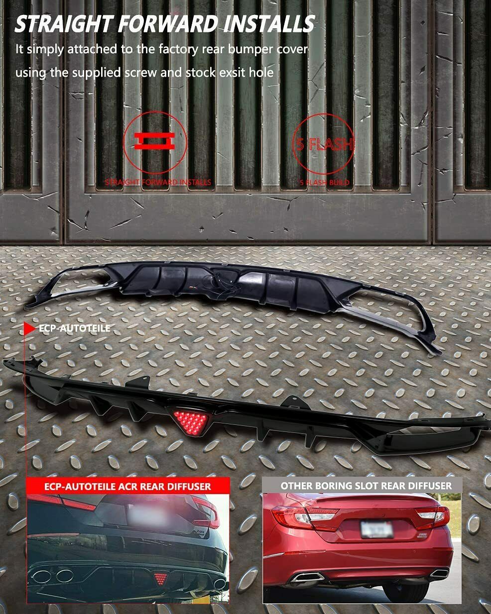 Fit for 18-21 Accord X CV1 CV2 Sedan(Sport&Touring),22 Hybrid Rear Deep Fin LED Brake Diffuser,High-gloss Blacked Out,T10 V2(Upgraded Harness Kit Included)